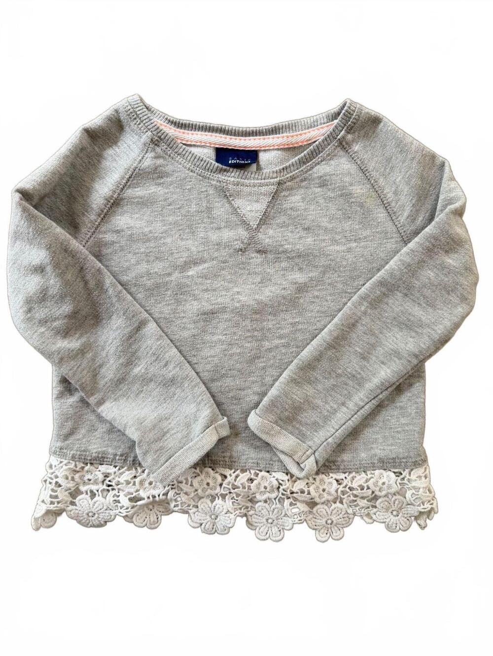 Basic Editions Girls Gray Sweatshirt Eyelet Lace Trim XS4/5 Cozy Casual Pullover